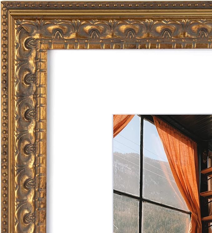 Golden State Art, 12x16 Ornate Bronze Color Frame - White Mat for 8x12 Photo - Complex Molding Design - Wall Mounting - Portrait/Landscape - Tempered Glass