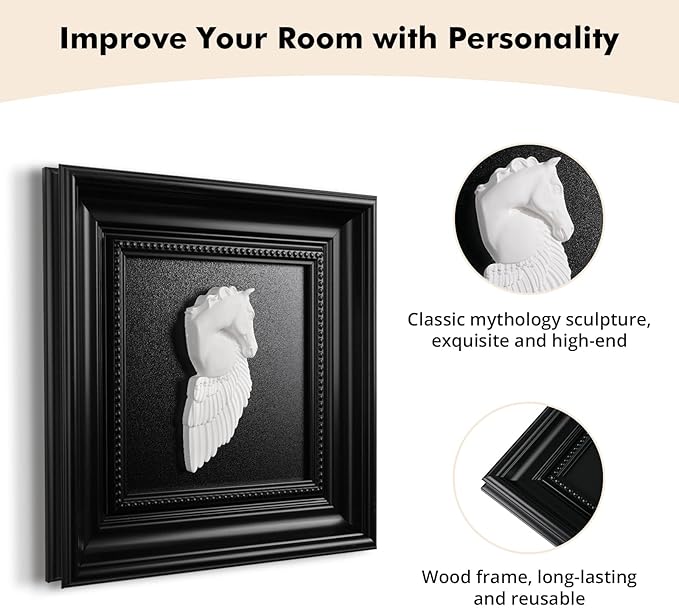 FOLKOR LIFE Black and White Framed Wall Art Sculpture for Home Decor, Classic Pegasus Statue Hanging Wall Plaque for Modern Farmhouse Living Room, Bedroom, Office Decoration