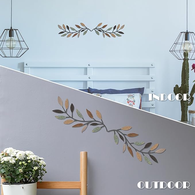 Zhengmy 2 Pieces Metal Tree Leaf Wall Decor Vine Olive Branch Leaf Wall Art Living Room, Hallway Wall Decor Outdoor Decoration(Classic Color)