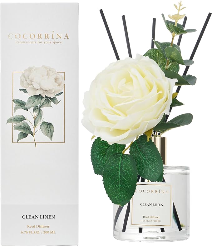 Cocorr??na Flower Reed Diffuser - Clean Linen 6.7oz Scented Diffuser with Sticks Home Fragrance Essential Oil for Bathroom Shelf Decor (Artificial Flower)