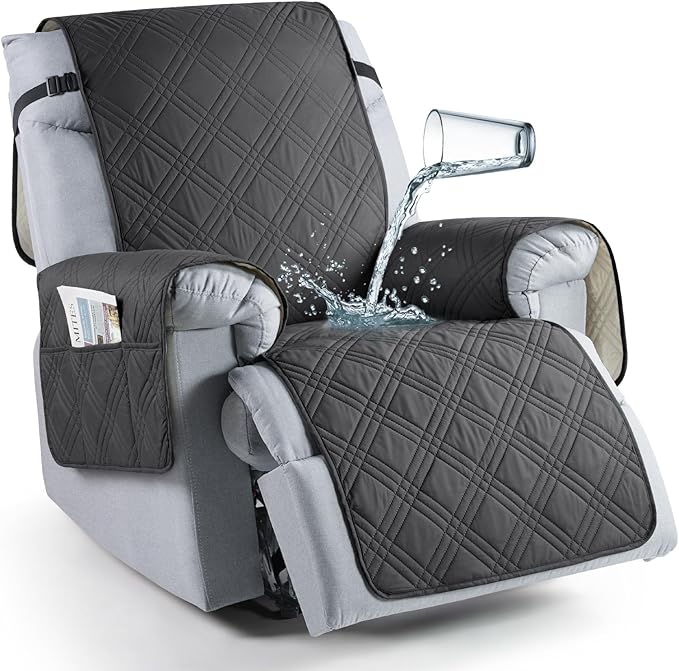 TAOCOCO 100% Waterproof Recliner Chair Covers, Non Slip Recliner Covers for Recliner Chair with Pocket, Washable Reclining Chair Cover Furniture Protector for Kids,Dogs(22'', Charcoal Gray)