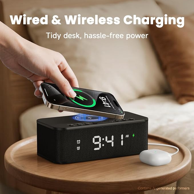 Digital Alarm Clock White Noise, Loud Digital Alarm Clocks Bedrooms, Alarm Clock Speaker Wireless Charger AUX USB Bluetooth Speaker 12/24H Dual Alarm Snooze Adjustable Brightness, Black - Image 3