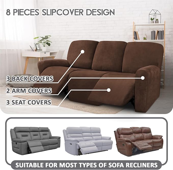 ULTICOR Velvet 8-Pieces Recliner Sofa Covers Stretch Reclining Couch Covers for 3 Cushion Reclining Sofa Slipcovers Furniture Covers Thick Soft Washable (3 Seater Recliner Cover, Chocolate)