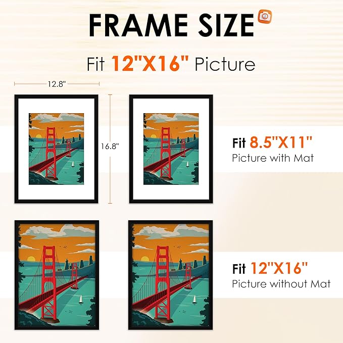 FIXSMITH 12x16 Picture Frame Set of 1, Photo Frame with HD Plexiglass, Display Pictures 8.5x11 with Mat or 12x16 Without Mat, Black Picture Frames Collage Wall Decor, Gallary Wall Frame