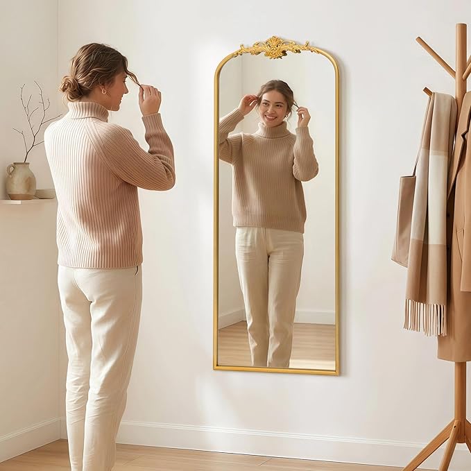 Besdomus Antique Full Length Mirror: 21"x56" French Gleaming Gold Arched Full Body Mirror - Floor Vintage Baroque Traditional Ornate for Entryway/Cloakroom/Bedroom - Home Decor for Interior Designers