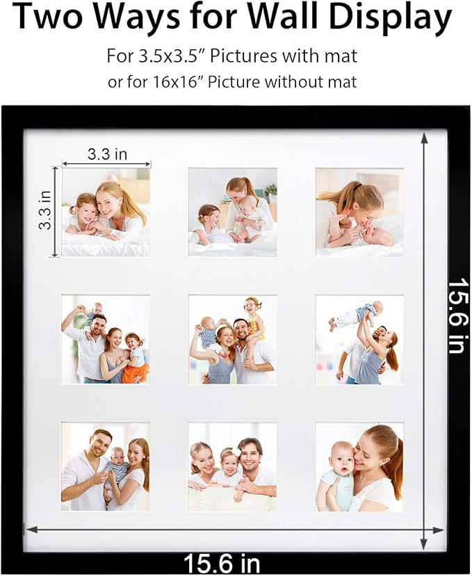 Egofine 16x16 Picture Frame Wood Black, Mats 9 Opening 4x4 Pictures, Display Multiple 4x4 Pictures, Covered by Plexiglass, Set of 2