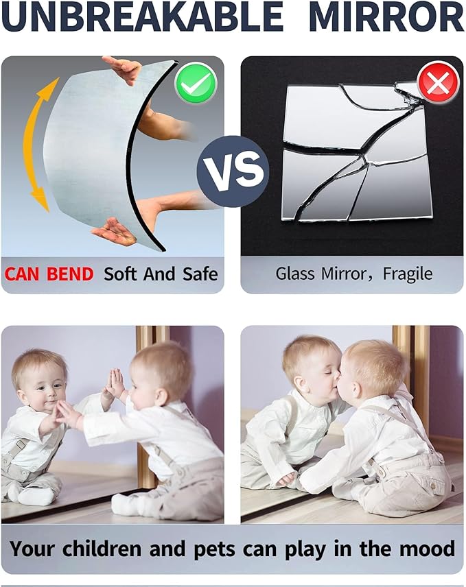 quegau Kids Safety Shatterproof Mirror for Wall, Plastic Mirror Wall Mounted, Made of Unbreakable Acrylic Non-Glass, Thick 1/8",1Pcs 8"x8", Great for Bedroom Door Closet, Kids' Rooms Mirrors
