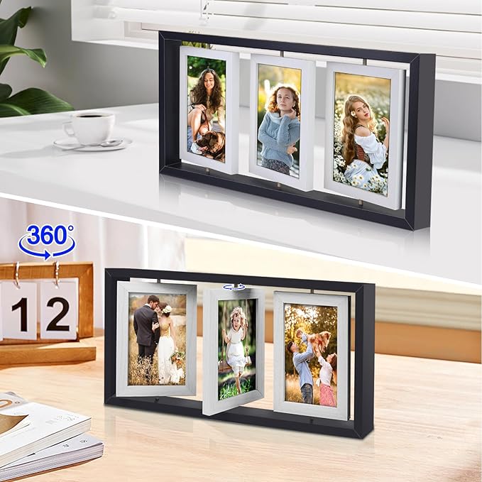 ZEEYUAN 4x6 Desk Picture Frame Rotating Double-Sided Picture Frame, 4x6 Tabletop Wooden Collage Family Pictures Frame for Office Desktop Home Decor, Holds 6 Photos, Black