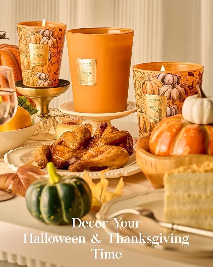 M&SENSE Caramel Pumpkin Latte Scented Soy Candle, 3-Wick 35oz 150H Slow Burn, Aromatherapy Candle for Home Fragrance, Fall Winter Halloween Thanksgiving Housewarming Gifts