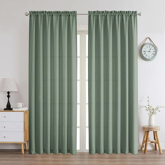 Chyhomenyc Sage Green Curtains 84 Inch Length 2 Panels Set, Faux Linen Textured Semi Light Filtering Soft Airy Farmhouse Window Curtain Drapes for Living Room Bedroom, 50Wx84L