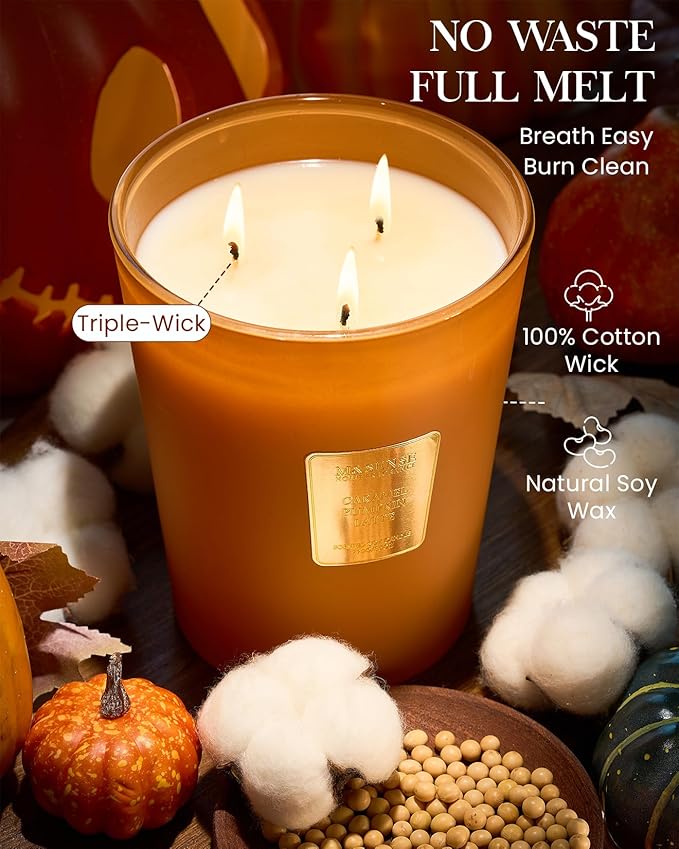 M&SENSE Caramel Pumpkin Latte Scented Soy Candle, 3-Wick 35oz 150H Slow Burn, Aromatherapy Candle for Home Fragrance, Fall Winter Halloween Thanksgiving Housewarming Gifts