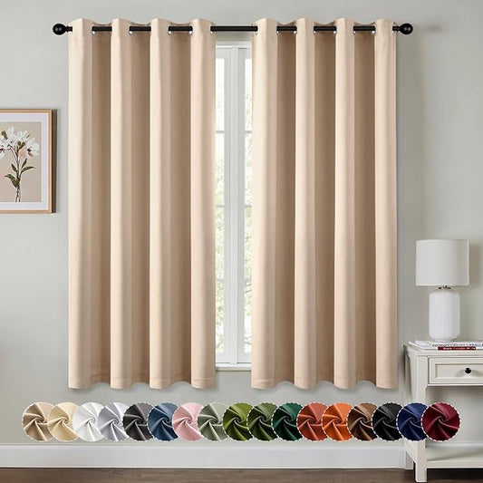 MIULEE Beige Blackout Curtains for Bedroom Living Room 63 Inches Long 2 Panels, Thermal Insulated Room Darkening Drapes Grommet Noise Reducing Light Blocking Window Treatments 50x63 Inch