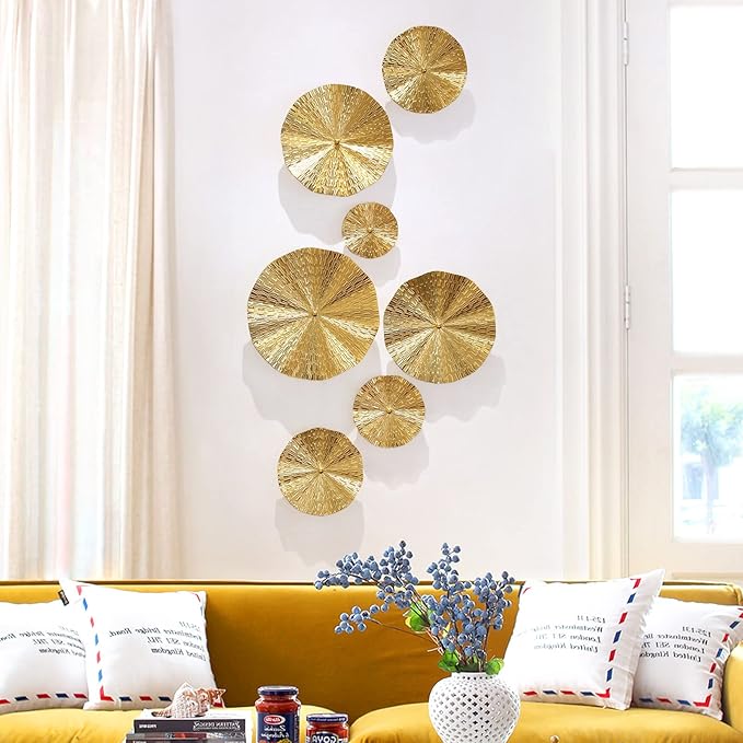 Gold Wall Decor for Living Room Hallway, 7PCS Metal Wall Art Hanging Sculptures Bedroom Decoration, 3D Metal Leaf Accent with 5 Sizes, Large Modern Artwork for Home Office Bathroom Kitchen