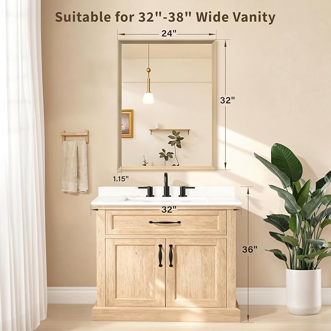 Oak Wood Effect Framed Wall Mirror, 24x32 Rectangle Mirror, 1/8" Anti-desilvering Tempered Glass, Sustainable& Sturdy Frame, Anti-Rust, HD Reflection &3min Fast Setup for Bathroom Living Room