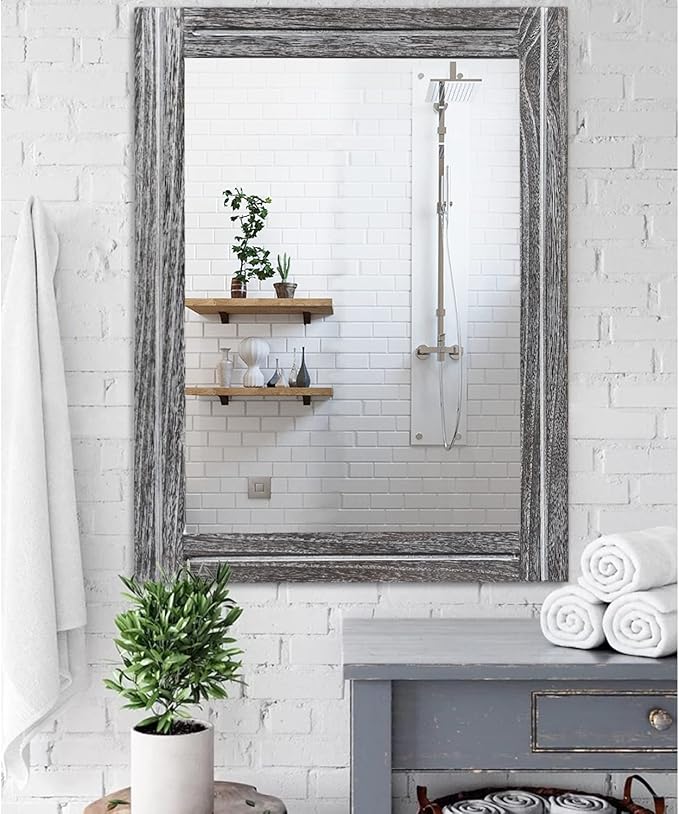 AAZZKANG Rustic Mirror Large Wood Framed Wall Mirror 70 x 50cm Rectangle Bedroom Bathroom Farmhouse Vanity Mirror