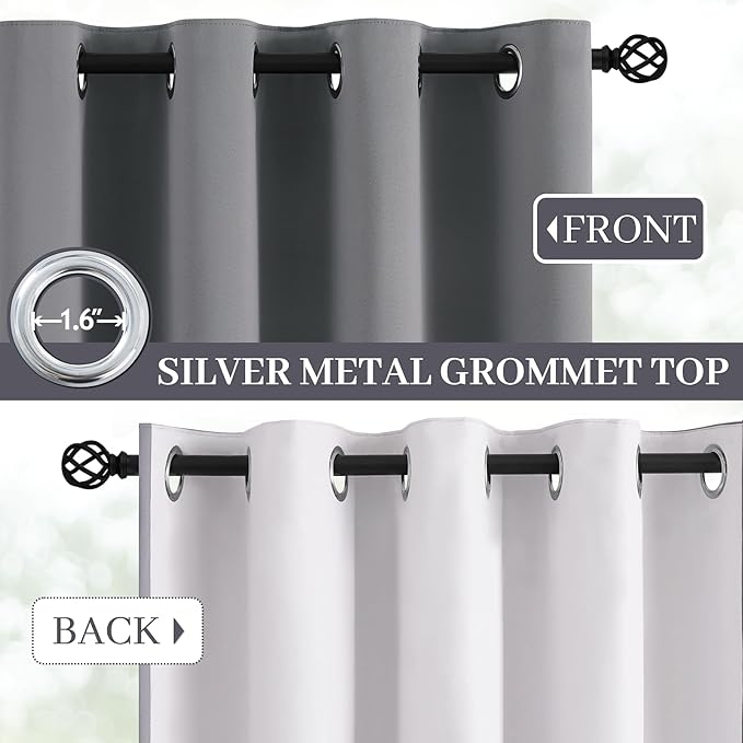 Yakamok Grey Room Darkening 100% Blackout Curtains Grommet Window Treatments with 2 Thick Layers-Gray Thermal Insulated Drapes Set of 2 Panels for Bedroom Living Room 38 Inches by 63 Inches Length