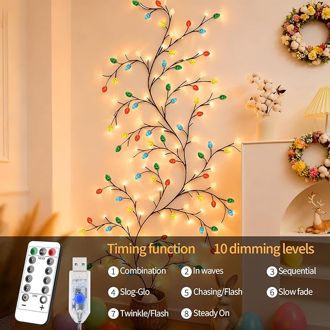 FNHMSL Easter Egg Enchanted Willow Vine Lights, 4FT 48LED 4 Color Easter Egg Tree Branch Lights for Wall, Remote Timer,8 Light Model,Bedroom Wall Doors Wedding, Christmas, USB Battery Box