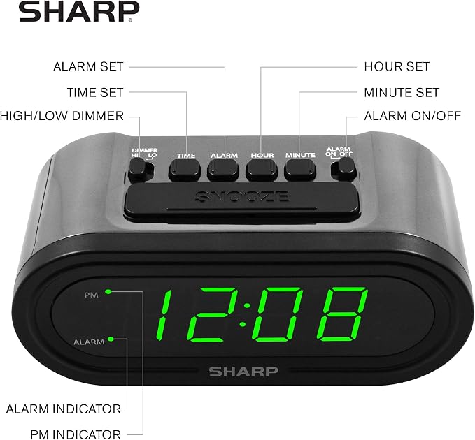 Sharp AccuSet Self-Setting Alarm Clock with Auto DST, Green LED - Image 3