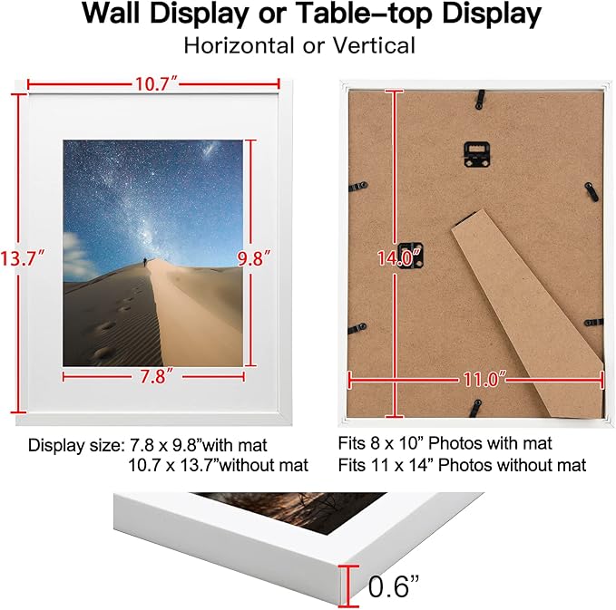 KINLINK 11x14 Picture Frame Set of 6, Wooden 14x11 Photo Frames with Plexiglass for 8x10 Picture with Mat or 11x14 Without Mat, Art Collage for Wall Gallery and Tabletop Display, 11 x 14 Frame White