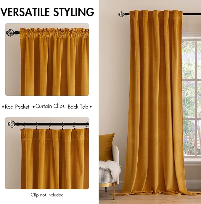MIULEE Velvet Curtains 84 inches 2 Panels - Luxury Blackout Curtains for Bedroom Living Room Thermal Insulated Fall Decor Super Soft Window Drapes Rod Pocket & Back Tab, Mustard Yellow