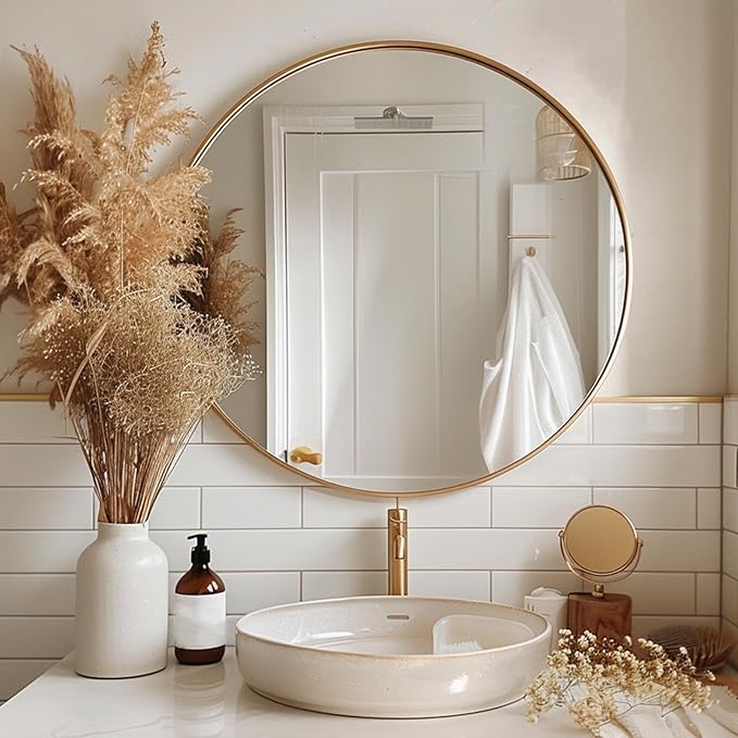 Sunniry Gold Round Mirror 30 inch, Large Circle Mirror, Round Wall Mirror Metal Frame, Gold Circle Mirrors for Wall, Bathroom, Living Room, Hallway.