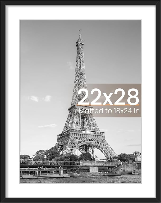 upsimples 22x28 Poster Frame, Display Pictures 18x24 with Mat or 22 x 28 Without, Wall Hanging Picture Frames, Black, 1 Pack