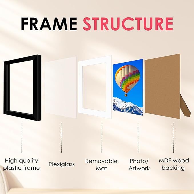 FIXSMITH 8x10 Picture Frame, Black Photo Frame with HD Plexiglass, Display Pictures 5x7 with Mat or 8x10 Without Mat, Picture Frames Collage for Tabletop or Wall Display, 1 Pack