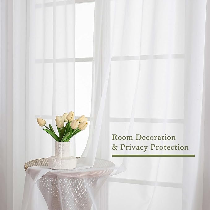Lecloud Sheer White Curtains 96 Inches Long 2 Panels Set, Solid Airy Voile Dual Rod Pocket Sheer Curtains, Elegant Light Filtering Window Curtain Drapes for Living Room Garden, 59" W x 96" L