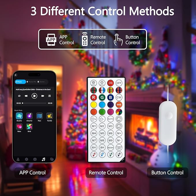 JMEXSUSS 100 LED Color Changing String Lights, 33ft Globe Red White and Blue Lights with Remote & APP, Clear Wire Smart Fairy String Light Indoor Plug in for 4th of July Independence Day Halloween