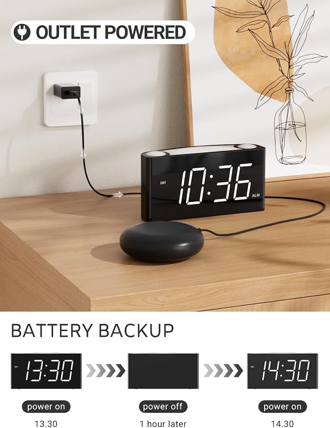 Vibrating Alarm Clock for Heavy Sleepers – Loud Alarm with Bed Shaker, 3 Wake Modes, Large 7.5” Display, 5-Level Dimmer, USB & Type-C Charging, Plug-in with Battery Backup for Bedroom, Teens & Deaf - Image 8