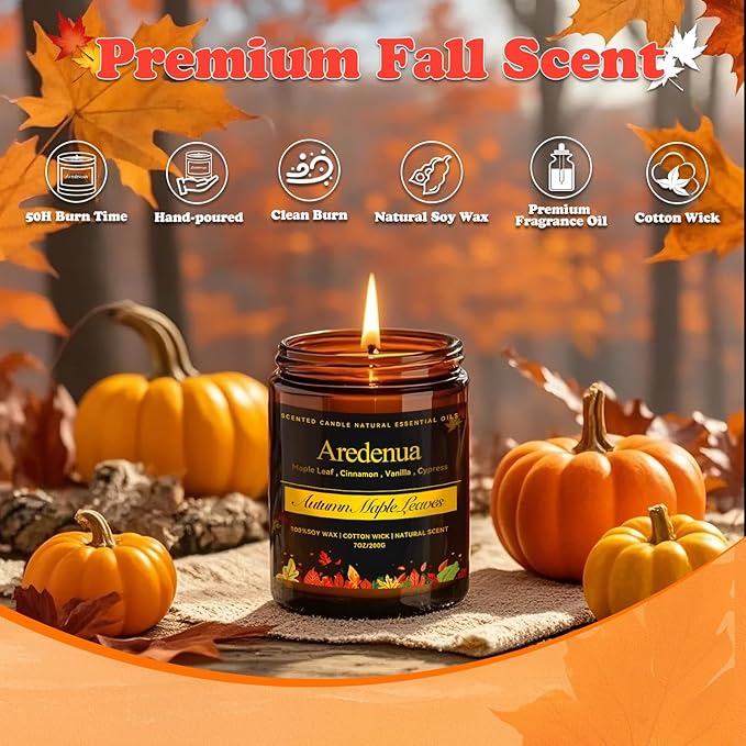 Autumn Leaves Candle – Warm Seasonal Leaf Aroma, Hand-Poured Soy Candles for Winter Home Décor, Cozy Holiday & Christmas Candles Gift, Season Celebration Winter Christmas Gifts for Women