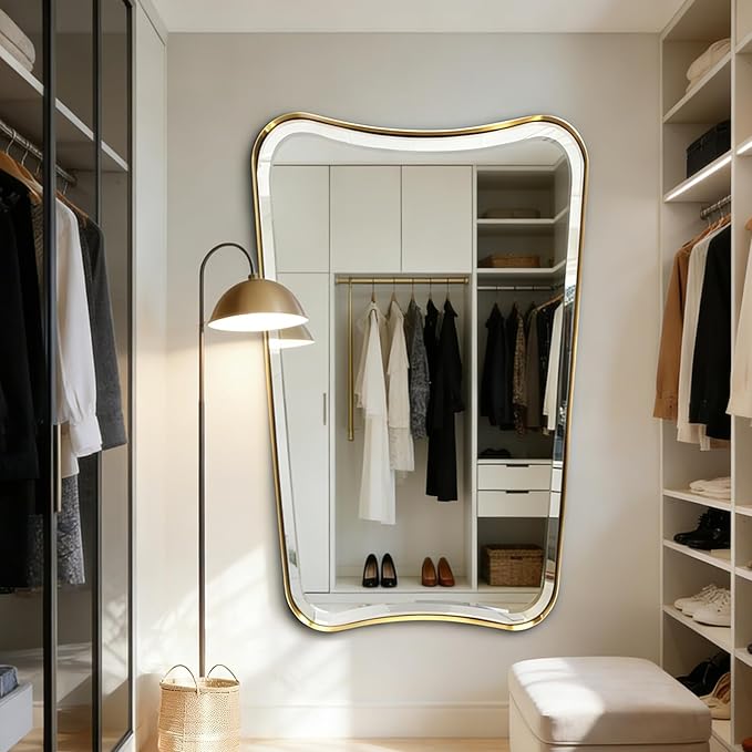 POZINO Brushed Gold Beveled Mirror, 30"x48" Irregular Aesthetic Floor Mirrors, Bathroom Vanity Mirror with Stainless Steel Frame, Butterfly Shape Wall Mirrors for Living Room Bedroom Hallway Entryway