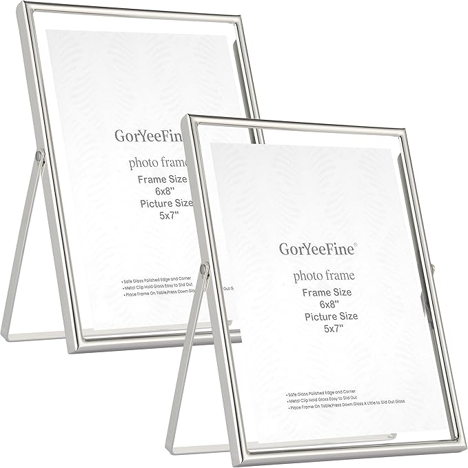 6x8''Premium Silver Metal Floating Picture Frame Set of 2,For Photo Sizes (3.5x5''4x6''5x7''),Classy Flaoting Frames for Wedding & Home Decor,Easy Glass Replacement with Spring - Loaded Mechanism