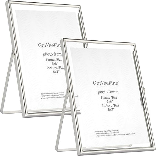 6x8''Premium Silver Metal Floating Picture Frame Set of 2,For Photo Sizes (3.5x5''4x6''5x7''),Classy Flaoting Frames for Wedding & Home Decor,Easy Glass Replacement with Spring - Loaded Mechanism