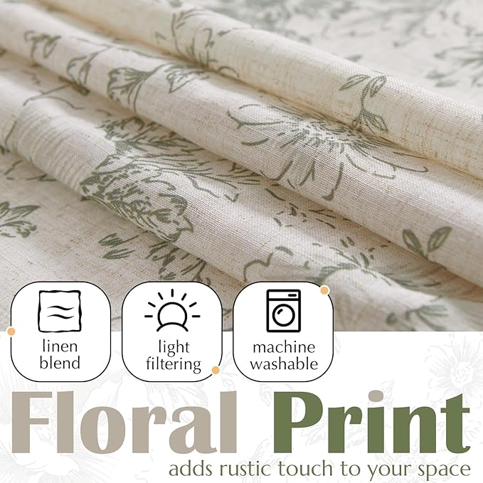 jinchan Linen Floral Valance Double Layer Kitchen Window Curtain Green Flower on Beige Valance for Living Room Cafe Farmhouse Light Filtering Rustic French Country Sage 16 Inch Rod Pocket 1 Panel
