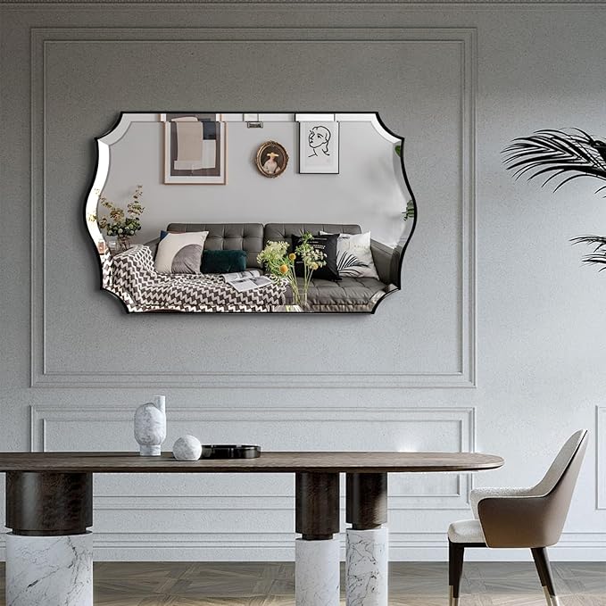POZINO Rectangle Beveled Mirrors, 24"x40" Modern Vanity Mirror for Over Sink, Matte Black Scalloped Mirrors for Wall, Irregular Wavy Shaped Mirror for Bathroom Living Room Bedroom Fireplace Entryway
