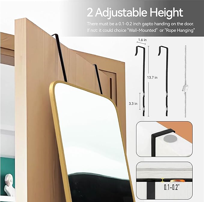 SCWF-GZ 57x20 Door Hanging Full Length Mirror, Floor (Height 5.7ft just Body in 1.3ft) or Wall Mounted Metal Frame Rectangle Dressing Mirrors for Bedroom Bathroom Living Room 57 inch Gold