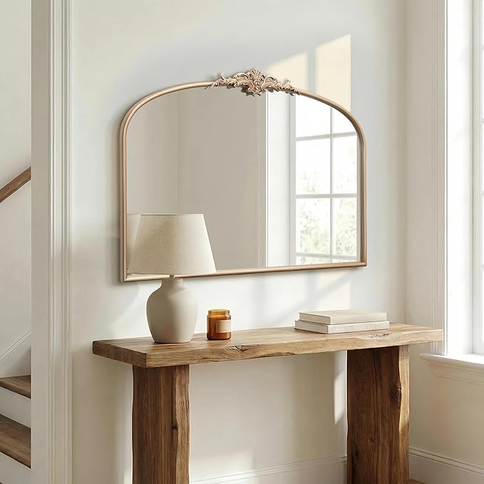 Besdomus Arched Vintage Gold Mirror: 40"x29" French Large Champagne Gold Antique Wall Mounted Mirror - Baroque Traditional Ornate for Fireplace/Bathroom/Living Room - Home Decor for Fashion-Conscious