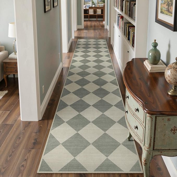 Beeiva Checkered Print Runners for Hallways Non Slip 2.5x12, Green Ultra Thin Washable Runner Rug Neutral Long Rugs for Hallway, Moroccan Plaid Floor Carpet for Kitchen, Modern Gingham Home Decor