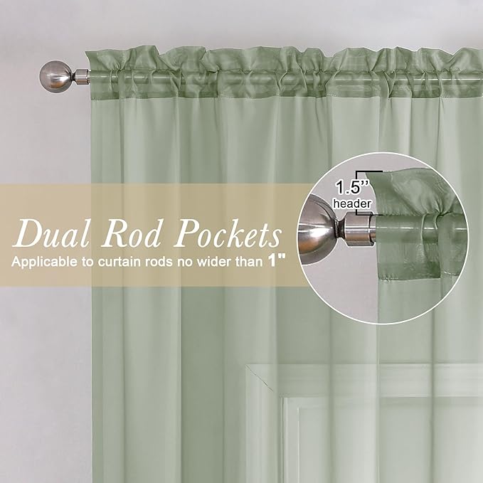 Lecloud Sage Green Sheer Curtains 108 Inches Long 2 Panels, Extra Wide Airy Voile Sheer Curtains, Elegant Rustic Light Filtering Window Curtain Drapes for Living Room Balcony, 59" W x 108" L