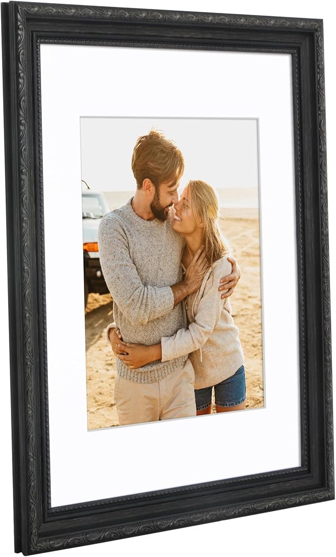 Americanflat 11x14 Picture Frame with Shatter-Resistant Glass - Use as 8x10 Frame with Mat or Display 11x14 Photo Without Mat - Ornate Picture Frames for Wall Display - Black