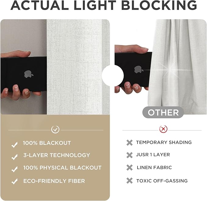 Joydeco Linen Blackout Curtains for Bedroom - 100% Light Blocking 1 Panels, White Drapes 70" W x 96" L, Thermal Insulated Room Darkening Curtains for Living Room, Rod Pocket & Back Tabs