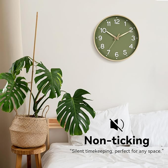 Wall Clock 14 Inch Silent Green Wall Clocks Battery Operated- Modern Non Ticking Analog Clock Decorative for Living Room Bedroom Office Kitchen(Gold)