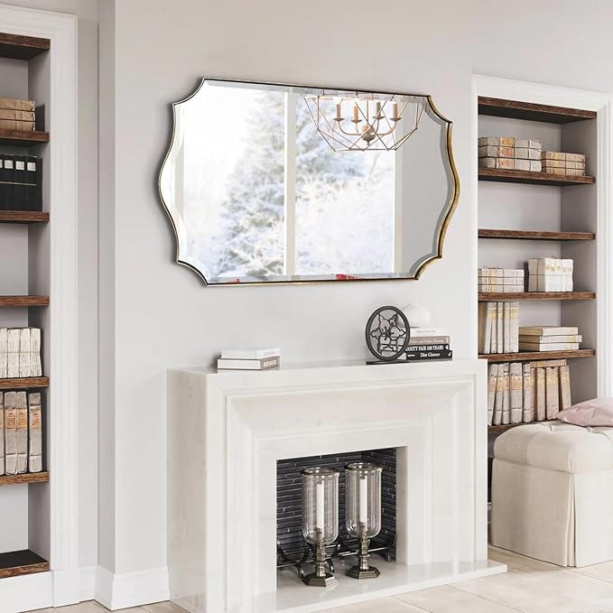 POZINO Scalloped Beveled Mirror, 24"x40" Brushed Gold Bathroom Vanity Mirrors for Over Sink, Modern Wavy Rectangle Wall Mirror for Living Room Bedroom Entryway, Horizontal or Vertical Hanging