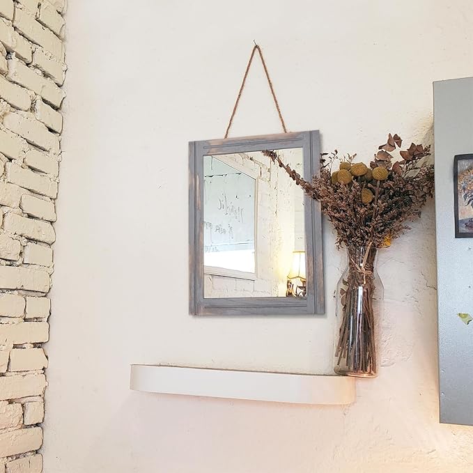 AAZZKANG Wood Framed Mirror Rectangular Rustic Wall Mirrors Decorative Small for Farmhouse Bathroom Living Room Bedroom Grey