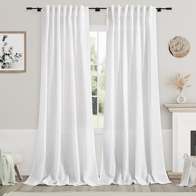 Nanspring White Linen Curtains for Living Room 119 Inches Long Extra Long Back Tab Curtains Farmhouse Light Filtering Semi Sheer Linen Drapes Ceiling to Floor for Large Window 2 Panels Set 52x119