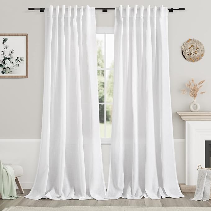 Nanspring White Linen Curtains 104 Inches Long for Living Room Extra Long Back Tab Curtains 2 Panels Set Farmhouse Light Filtering Semi Sheer Linen Drapes Ceiling to Floor for Large Window 52x104