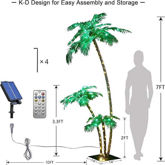 LIGHTSHARE Lighted 7FT Gorgeous Palm Tree 3Trunks Artificial Palm Tree 218LED Lights for Office Decoration Outdoor and Indoors Tiki Bar Christmas Patio Pool-Solar