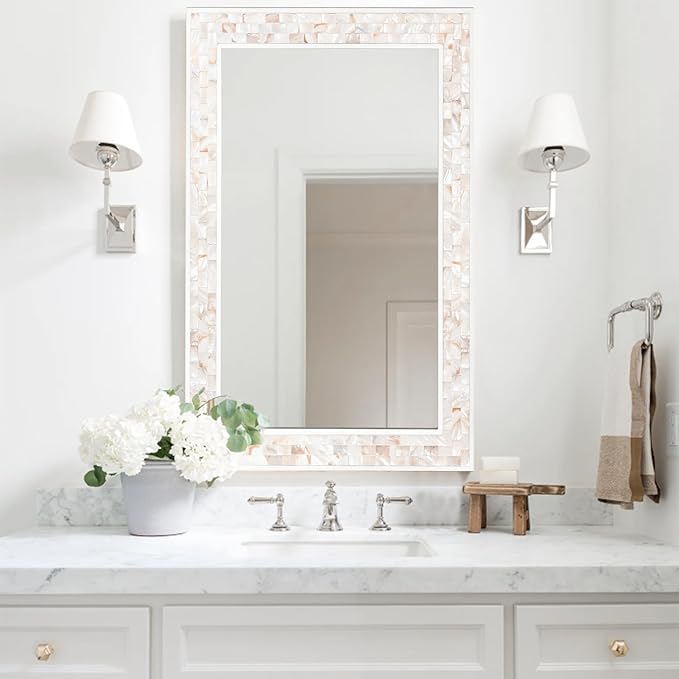 Tanmicoshomy 20x 28 Inch Rectangle Wall Mirror, Natural Shell Framed Rectangular Mirror for Bathroom, Vanity, Bedroom, Living Room, Entryway, Wall Mounted Horizontal or Vertical, White
