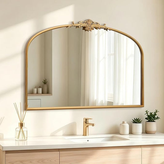 Besdomus Antique Arched Gold Mirror: 40"x29" French Large Vintage Vanity Wall Mounted Mirror - Baroque Decorative Traditional Ornate for Bedroom/Bathroom/Fireplace/Entryway - Home Decor for Homemakers